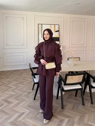Yosun Fırfırlı Pantolon Takım Bordo (4458)