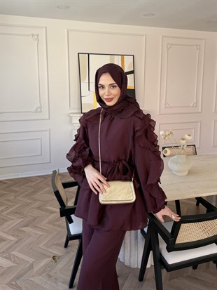Yosun Fırfırlı Pantolon Takım Bordo (4458)