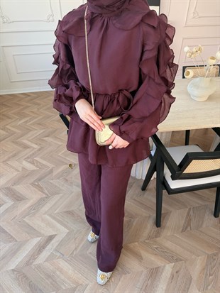 Yosun Fırfırlı Pantolon Takım Bordo (4458)