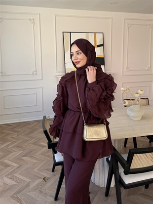 Yosun Fırfırlı Pantolon Takım Bordo (4458)