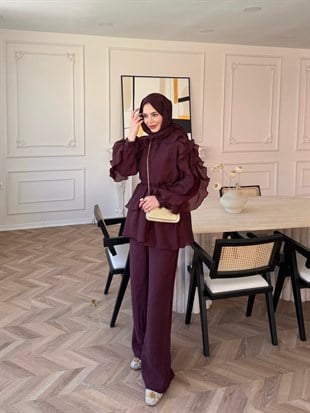 Yosun Fırfırlı Pantolon Takım Bordo (4458)