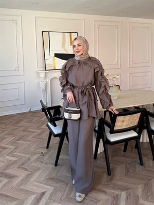 Yosun Fırfırlı Pantolon Takım Vizon (4458)