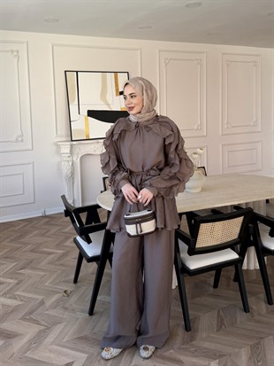 Yosun Fırfırlı Pantolon Takım Vizon (4458)