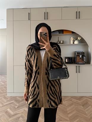 Zebra Desen Angora Hırka Kahve