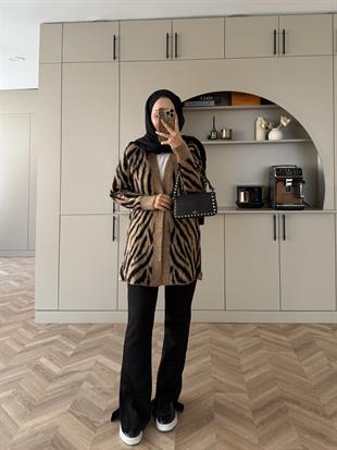 Zebra Desen Angora Hırka Kahve