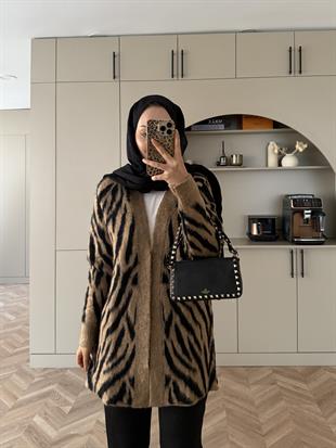 Zebra Desen Angora Hırka Kahve