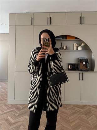 Zebra Desen Angora Hırka Siyah