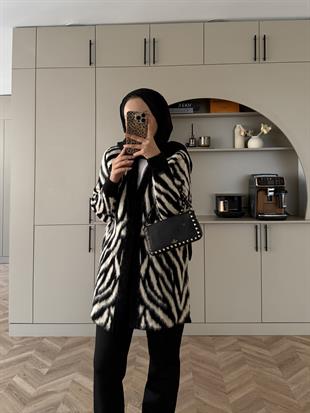 Zebra Desen Angora Hırka Siyah
