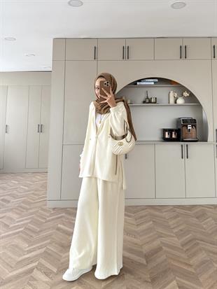 Zenya Angora Pantolonlu Takım Bej