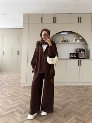 Zenya Angora Pantolonlu Takım Kahve