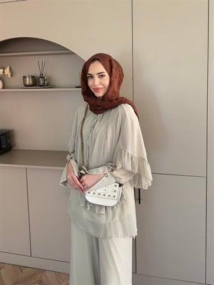 Zinnia Fırfırlı Şifon Pantolon Takım Çağla Yeşili (26065)