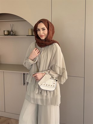 Zinnia Fırfırlı Şifon Pantolon Takım Çağla Yeşili (26065)