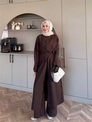 Zyra Omuz Şallı Yırtmaçlı Takım Kahve (2361)