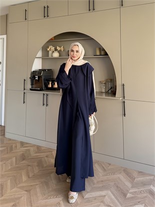 Zyra Omuz Şallı Yırtmaçlı Takım Lacivert (8832)