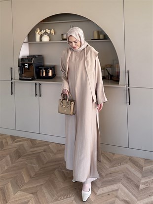 Zyra Omuz Şallı Yırtmaçlı Takım Vizon (2361)