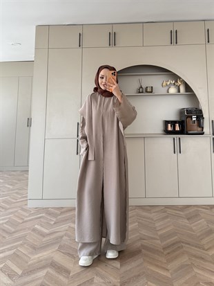 Zyra Omuz Şallı Yırtmaçlı Takım Vizon (8832)