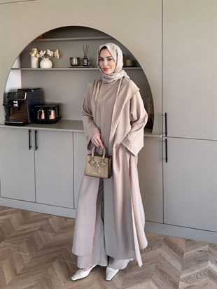 Zyra Omuz Şallı Yırtmaçlı Takım Vizon (2361)