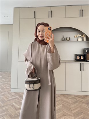 Zyra Omuz Şallı Yırtmaçlı Takım Vizon (8832)