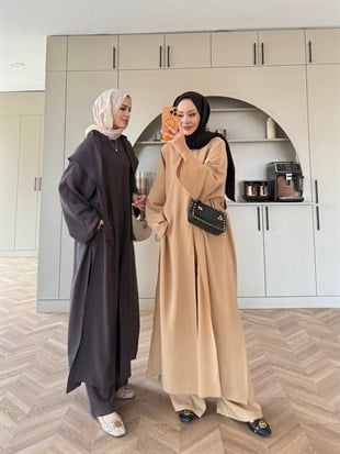  Zyra Omuz Şallı Yırtmaçlı Takım Camel (8832)