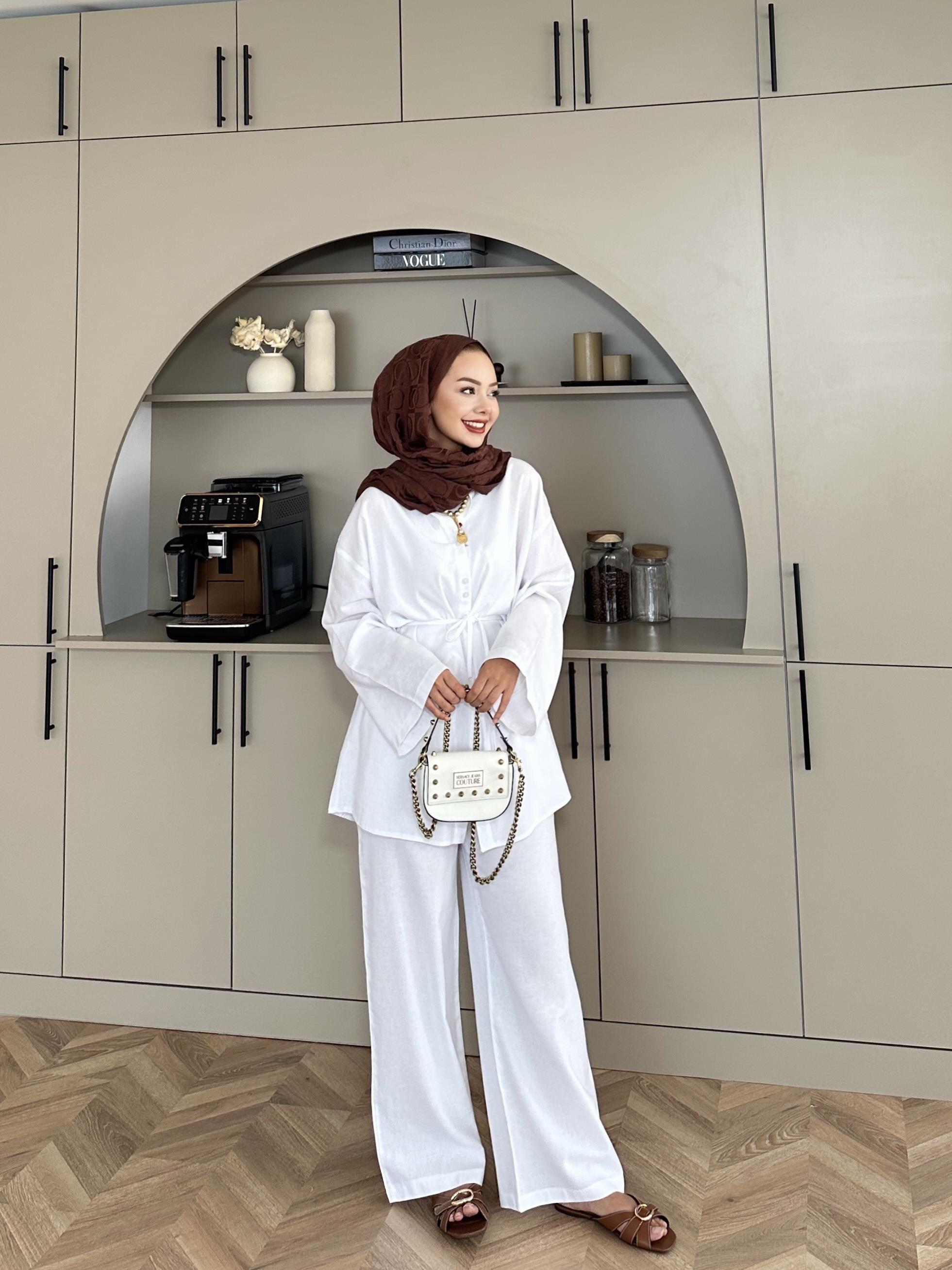 Aisha Keten Pantolonlu Takım Beyaz