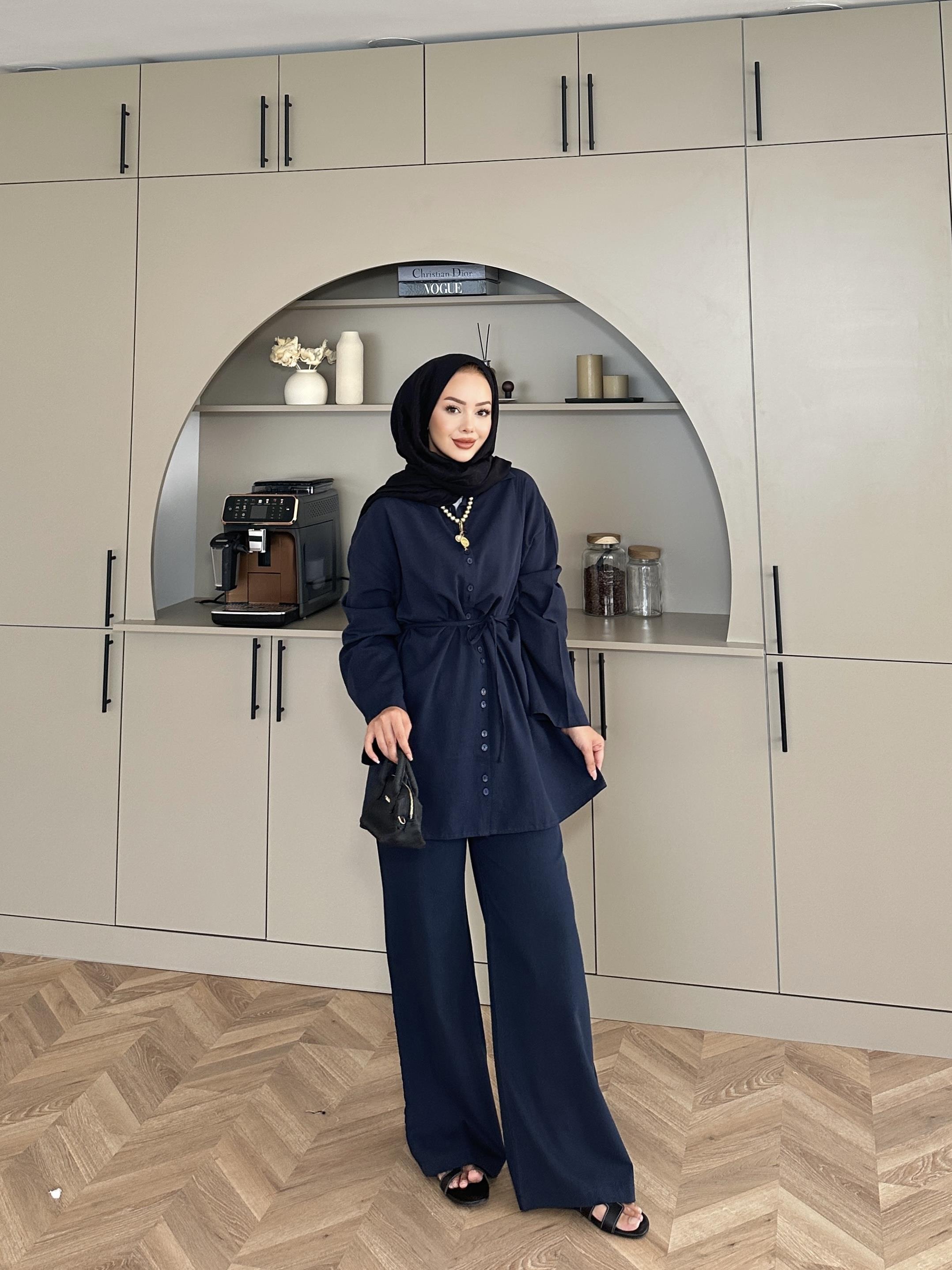 Aisha Keten Pantolonlu Takım Lacivert