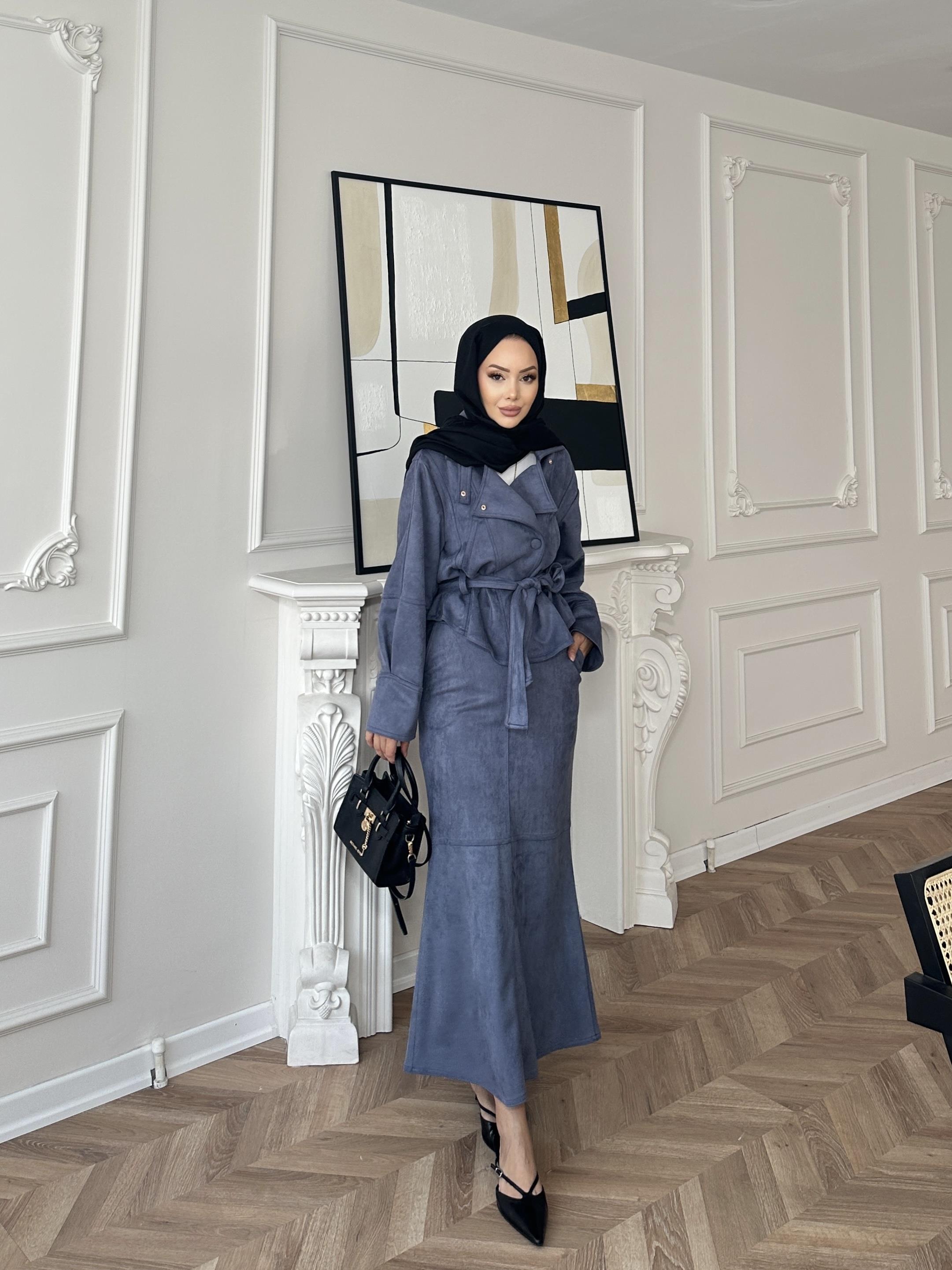 Bomber Ceketli Süet Etekli Takım Mavi