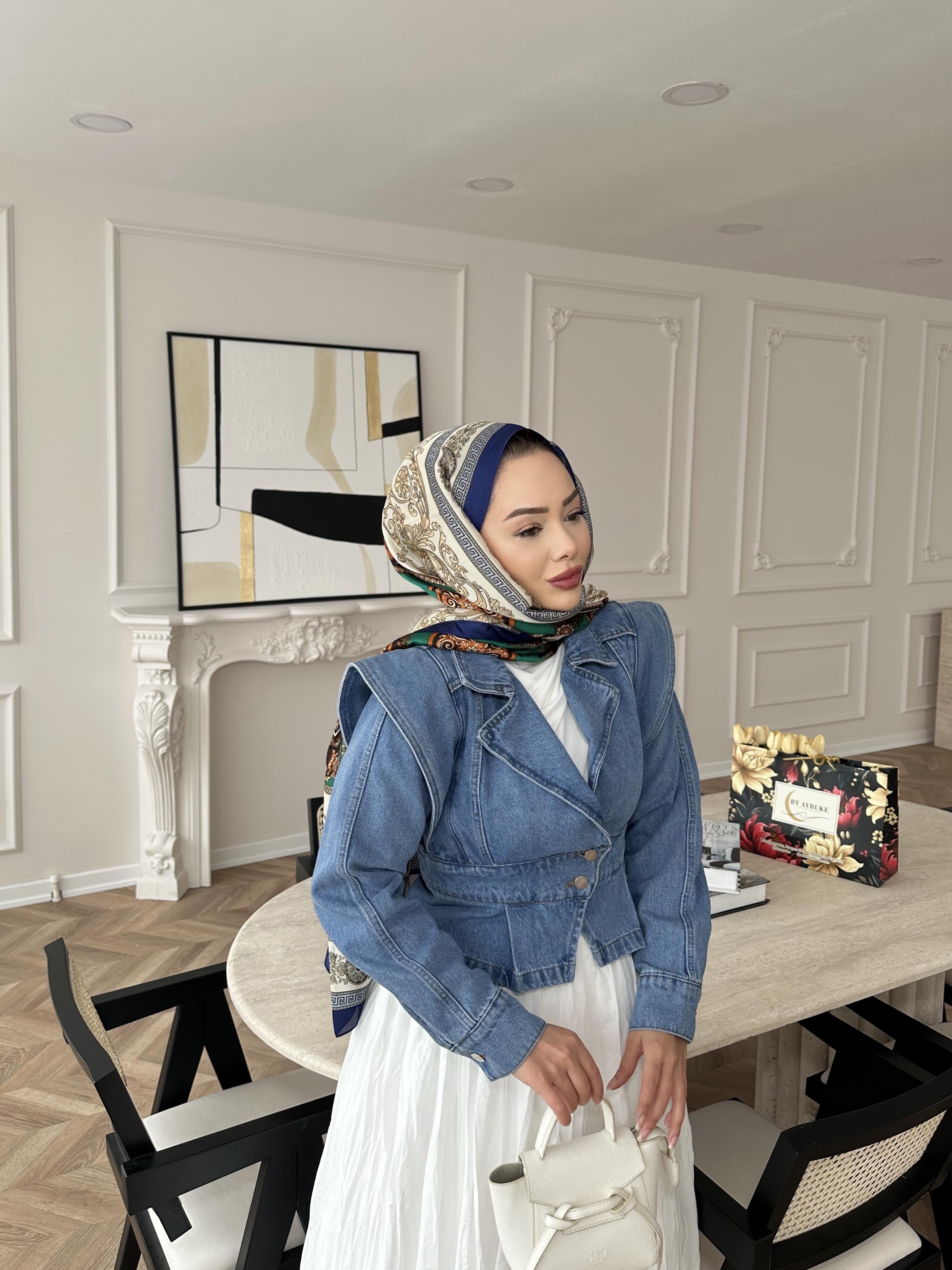 Çapraz Detaylı Kot Ceket Buz Mavi