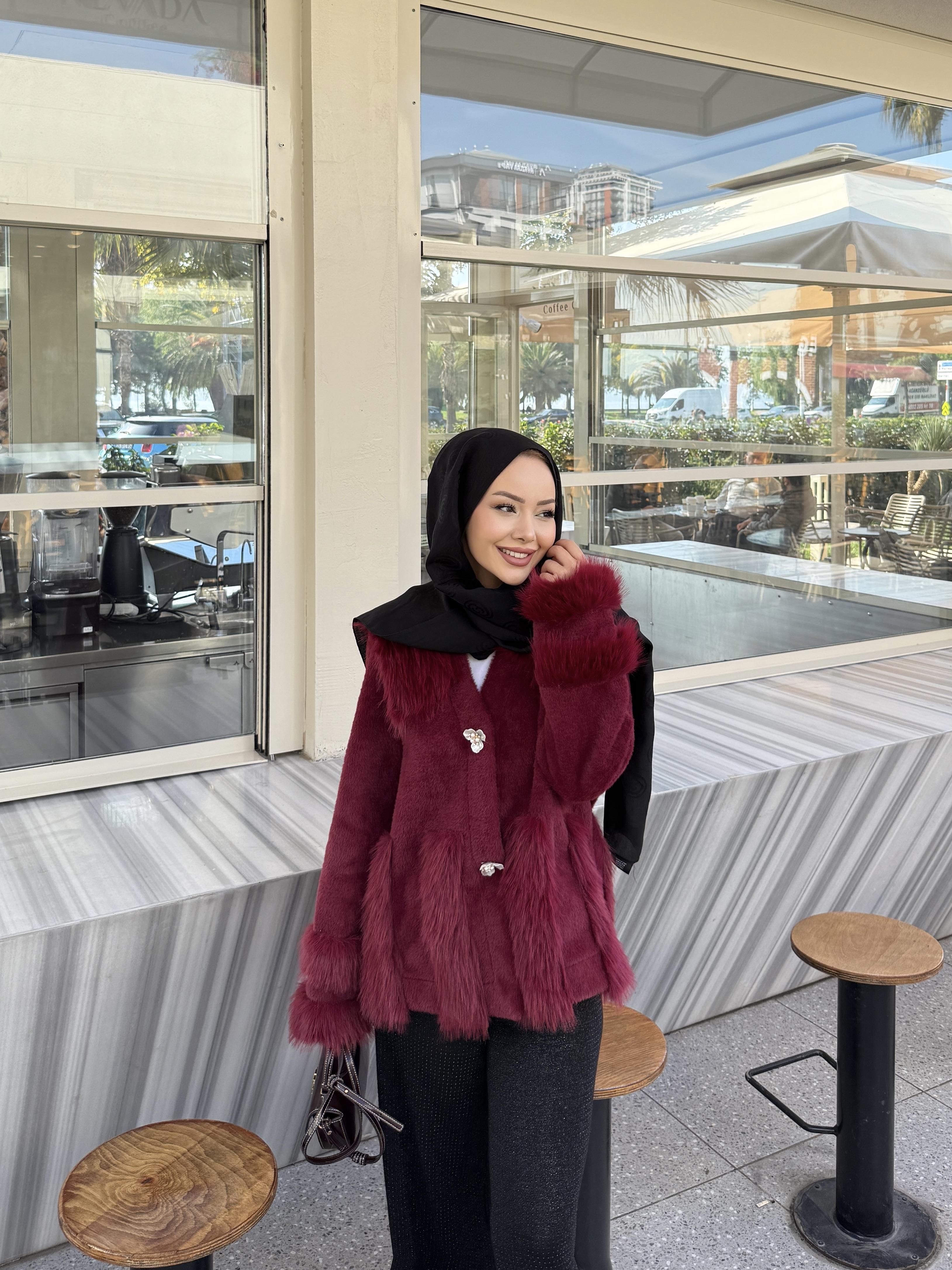 Diva Kürk Detaylı Angora Hırka/Ceket Bordo
