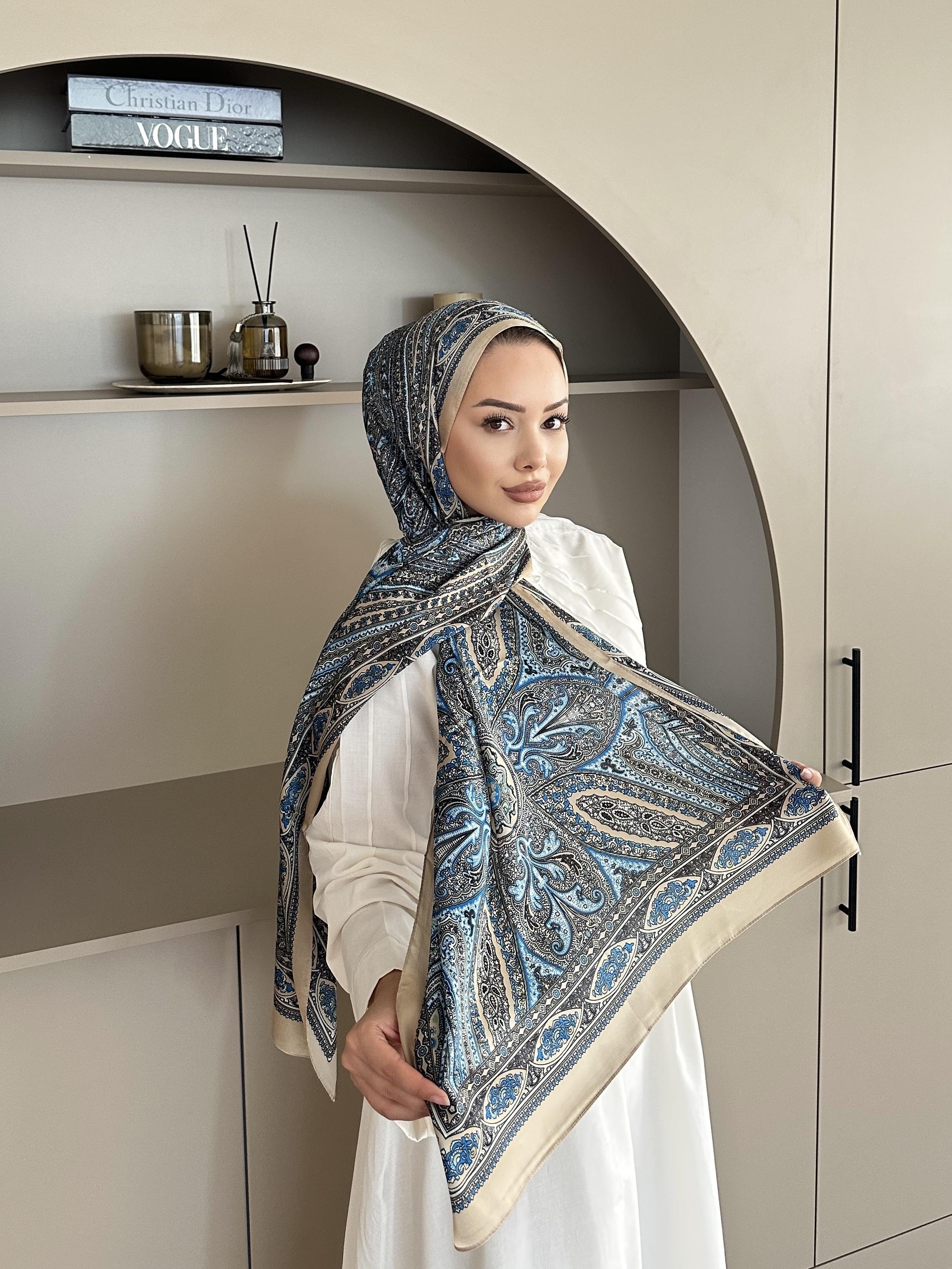 Etnik Desen İthal İpek Vual Şal Bej-Mavi