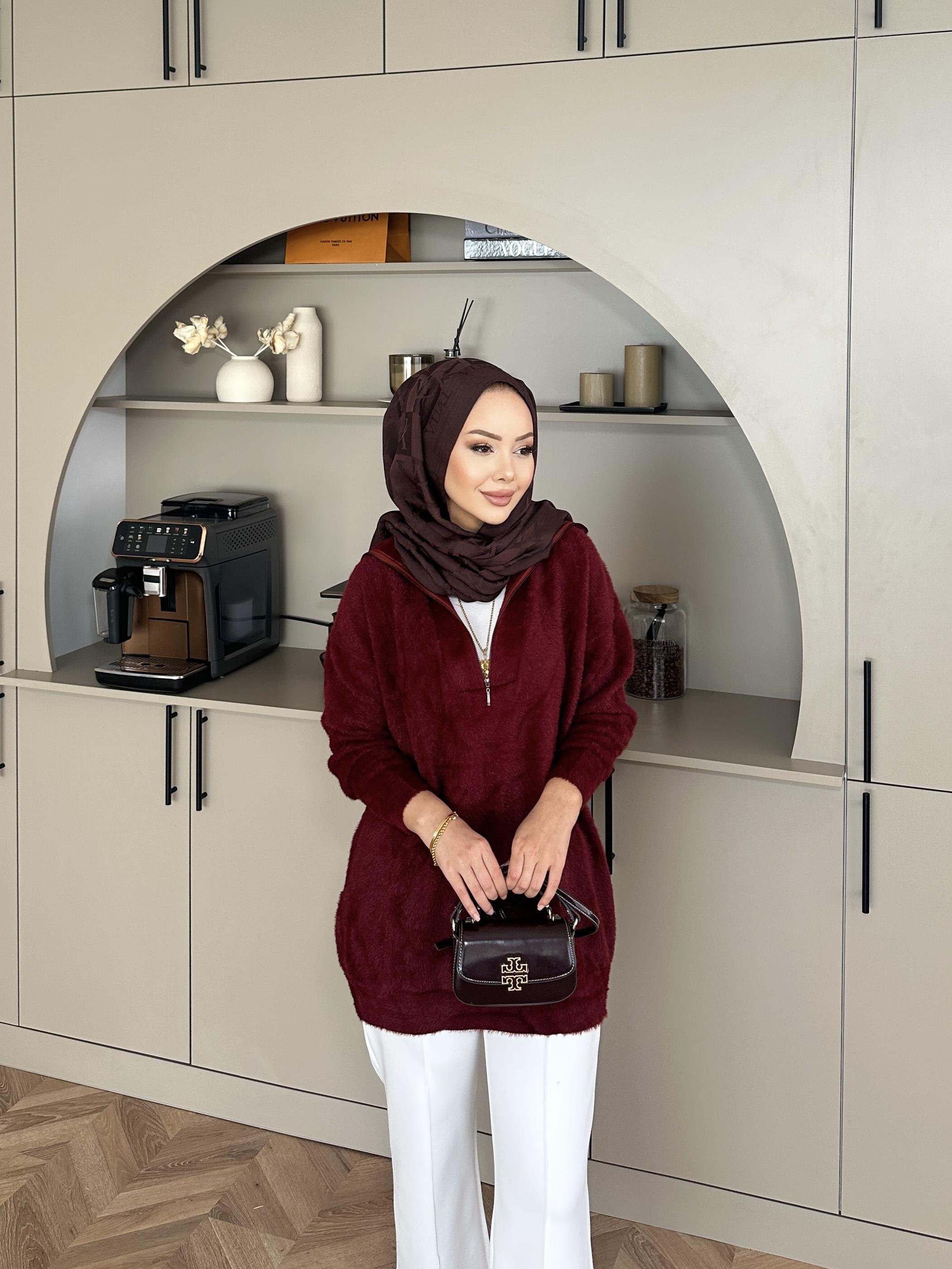 Fermuarlı Angora Kazak Bordo