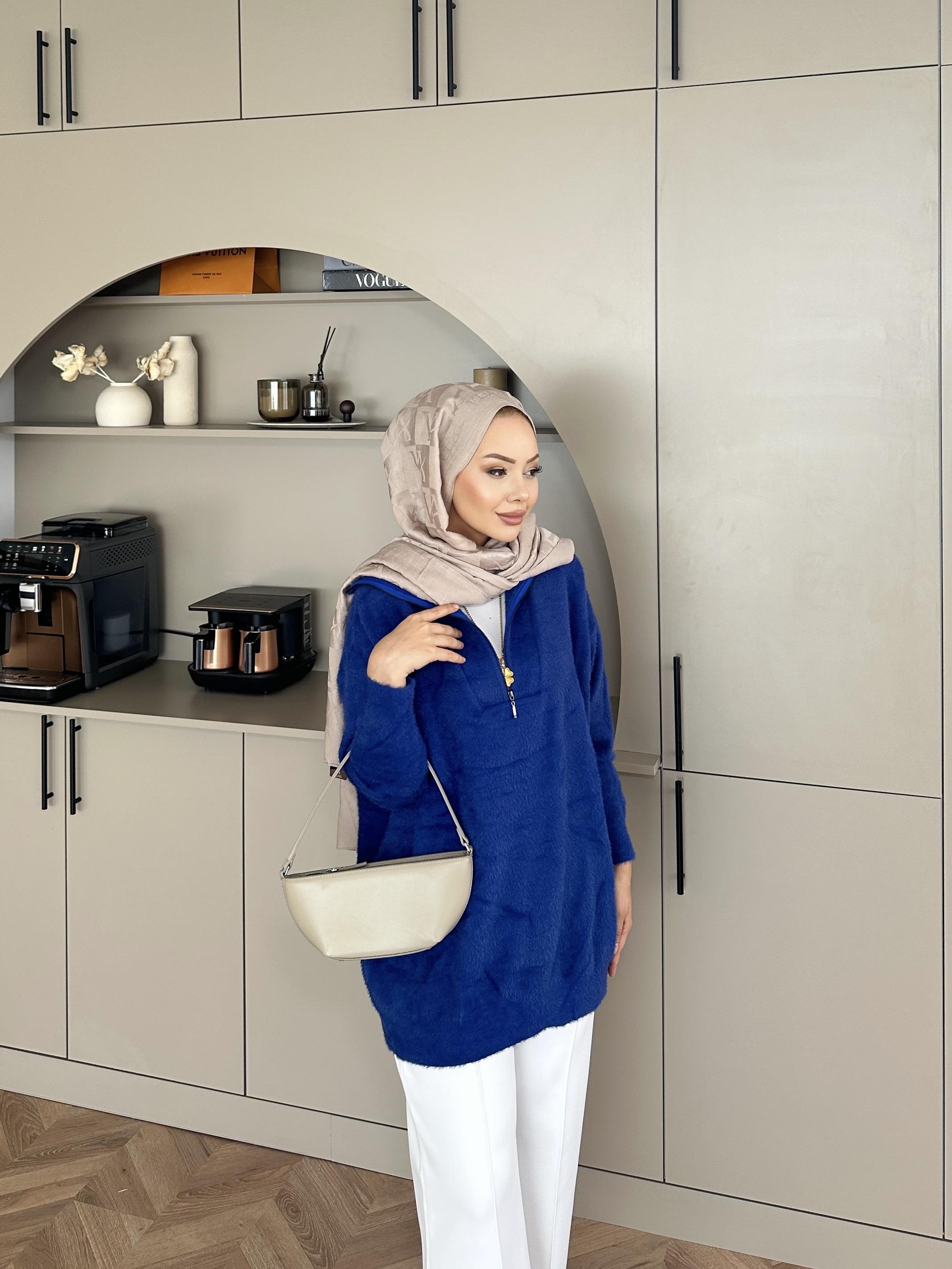 Fermuarlı Angora Kazak Mavi