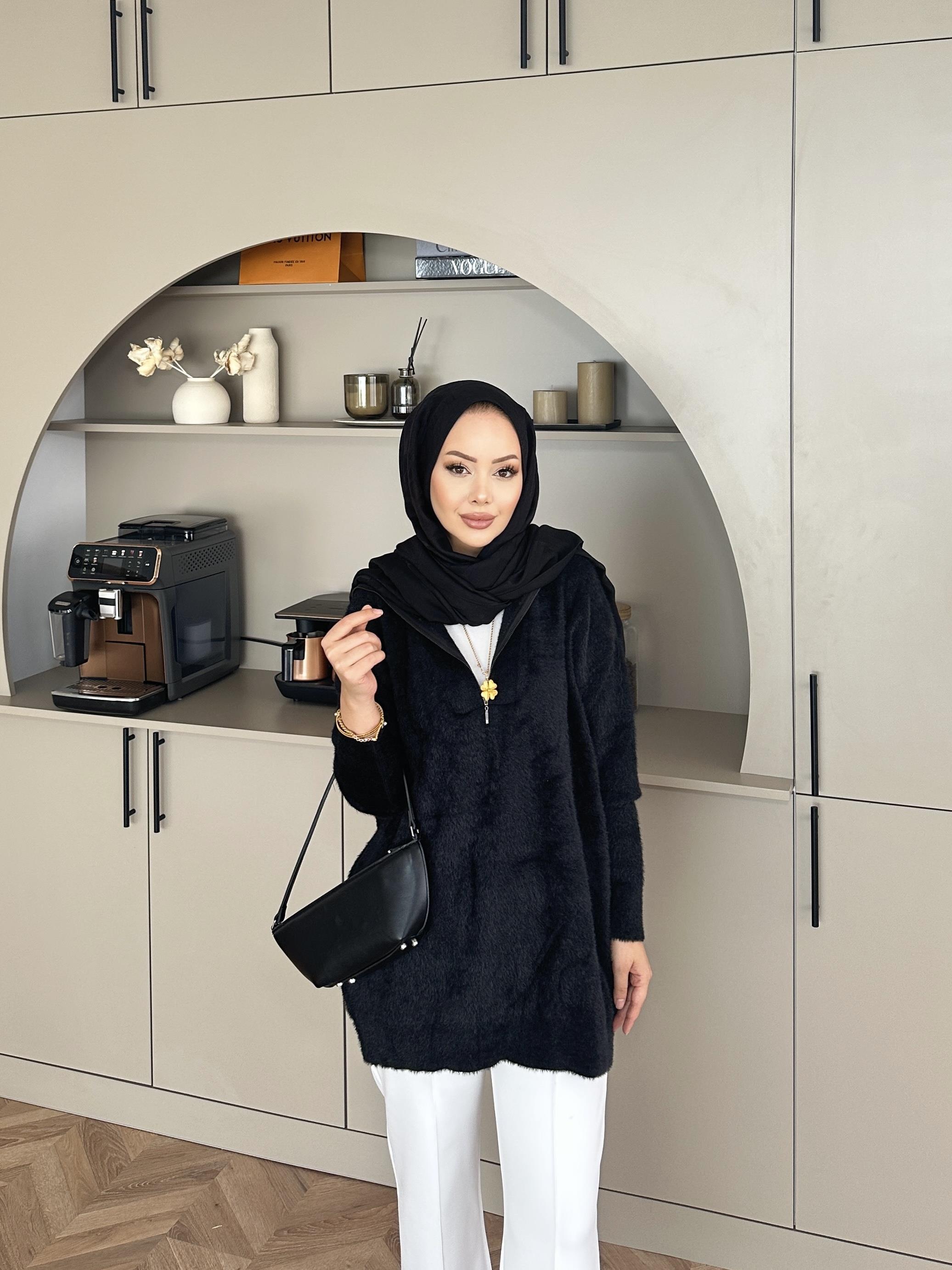 Fermuarlı Angora Kazak Siyah