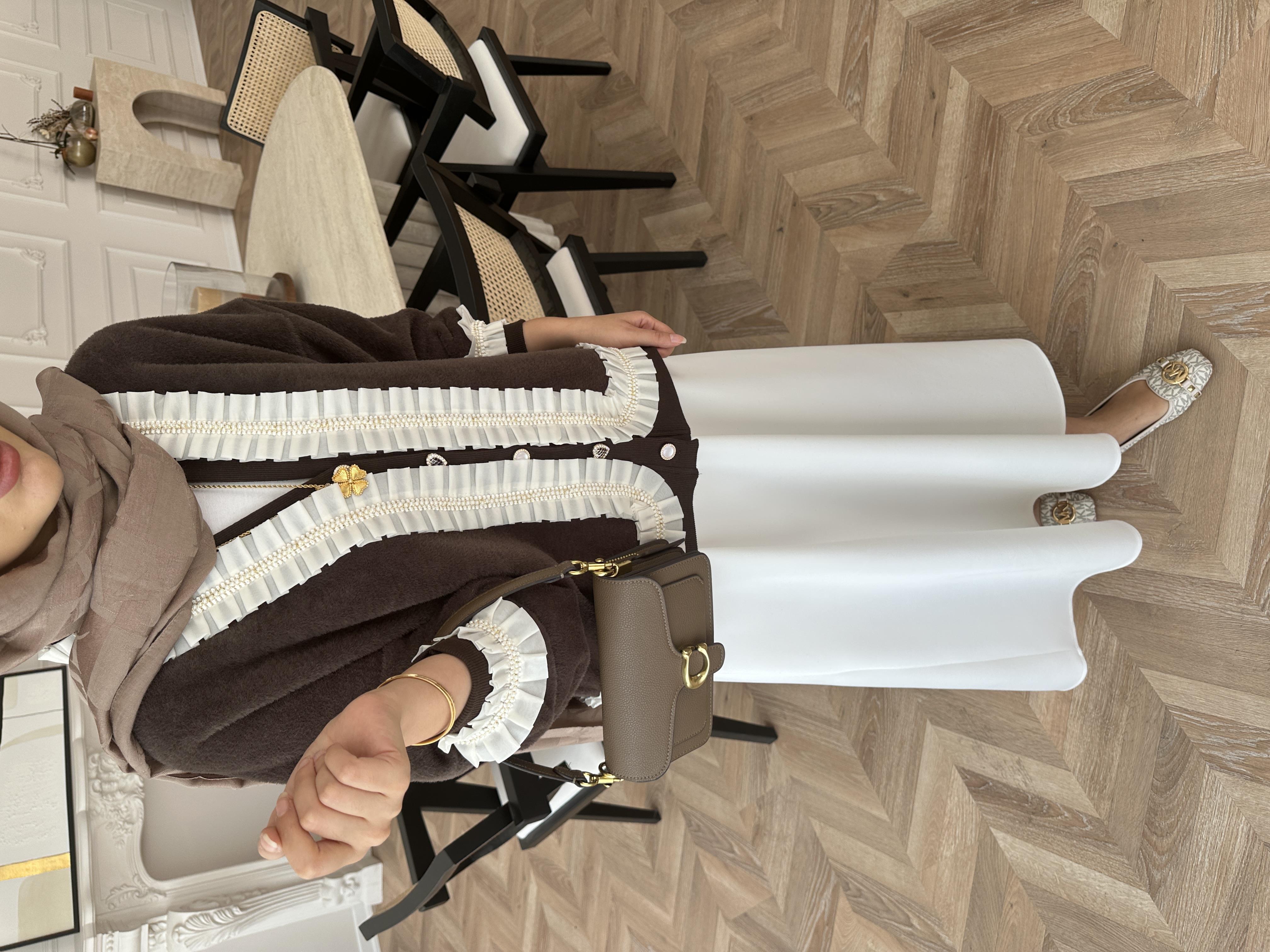 Fırfır Detaylı Peluş Hırka Kahve