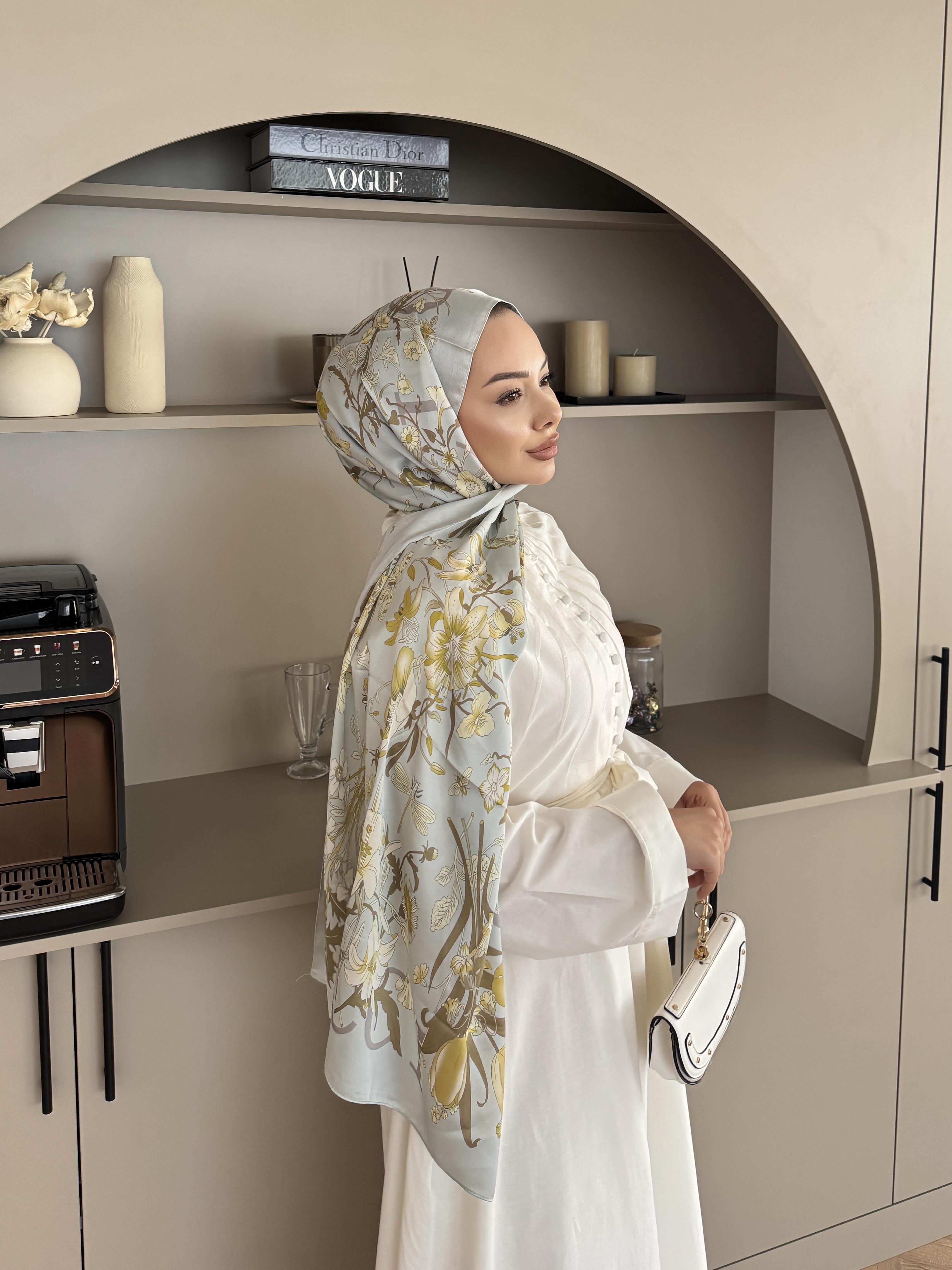 Floral Desen İthal İpek Vual Şal Bebe Mavisi