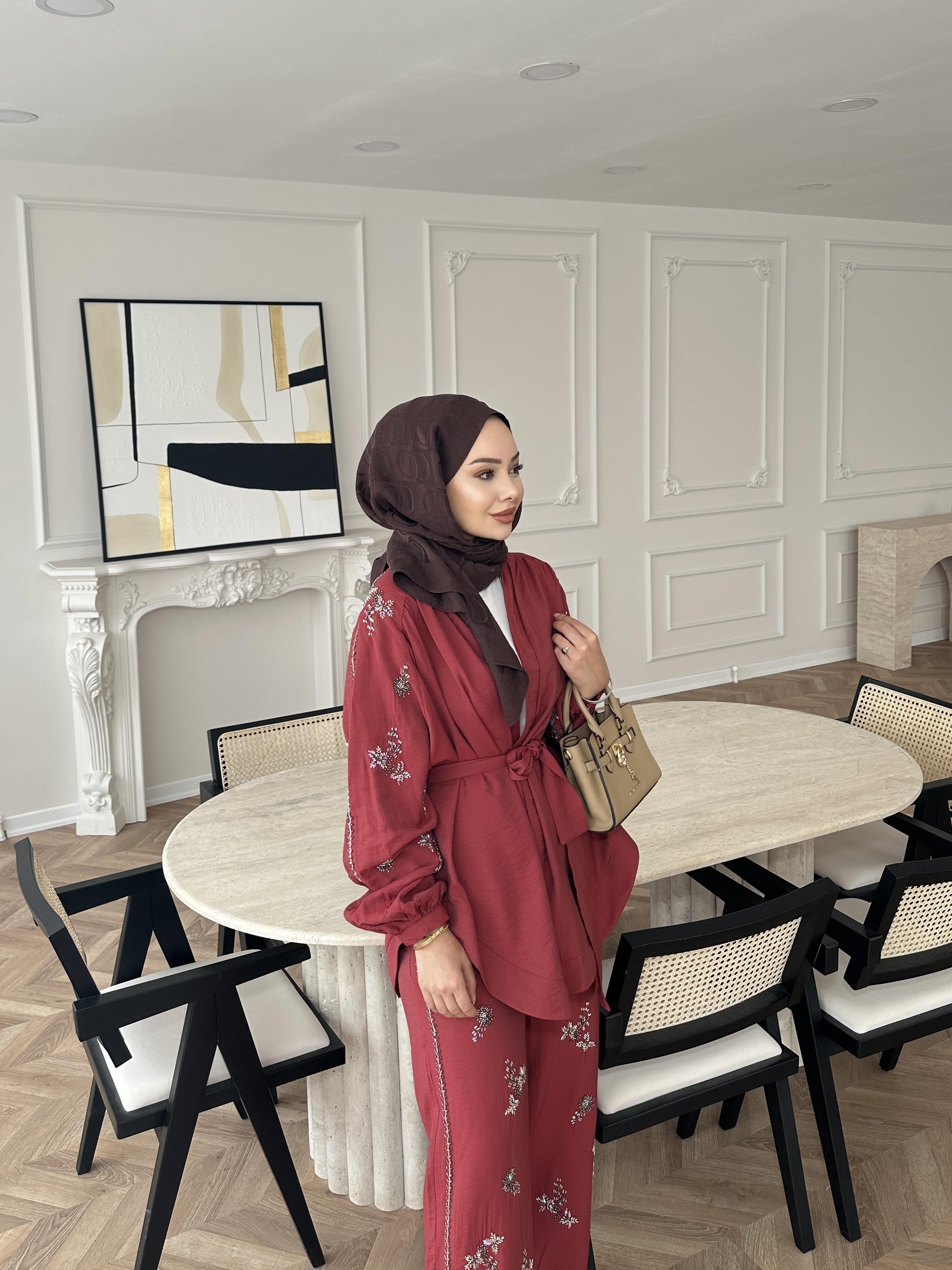 İşlemeli Kimono Takım Bordo 