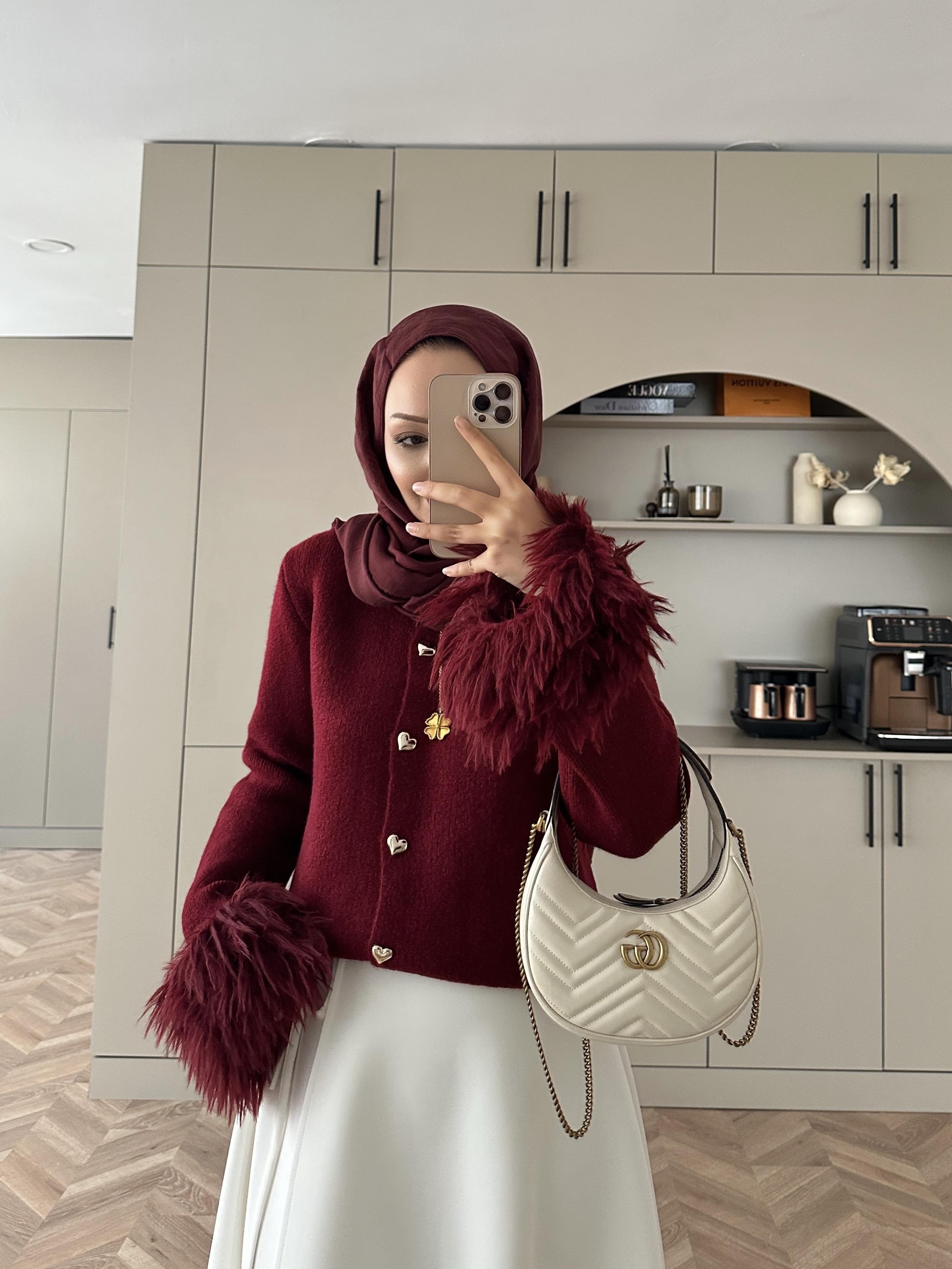 Kalp Düğmeli Angora Hırka Bordo