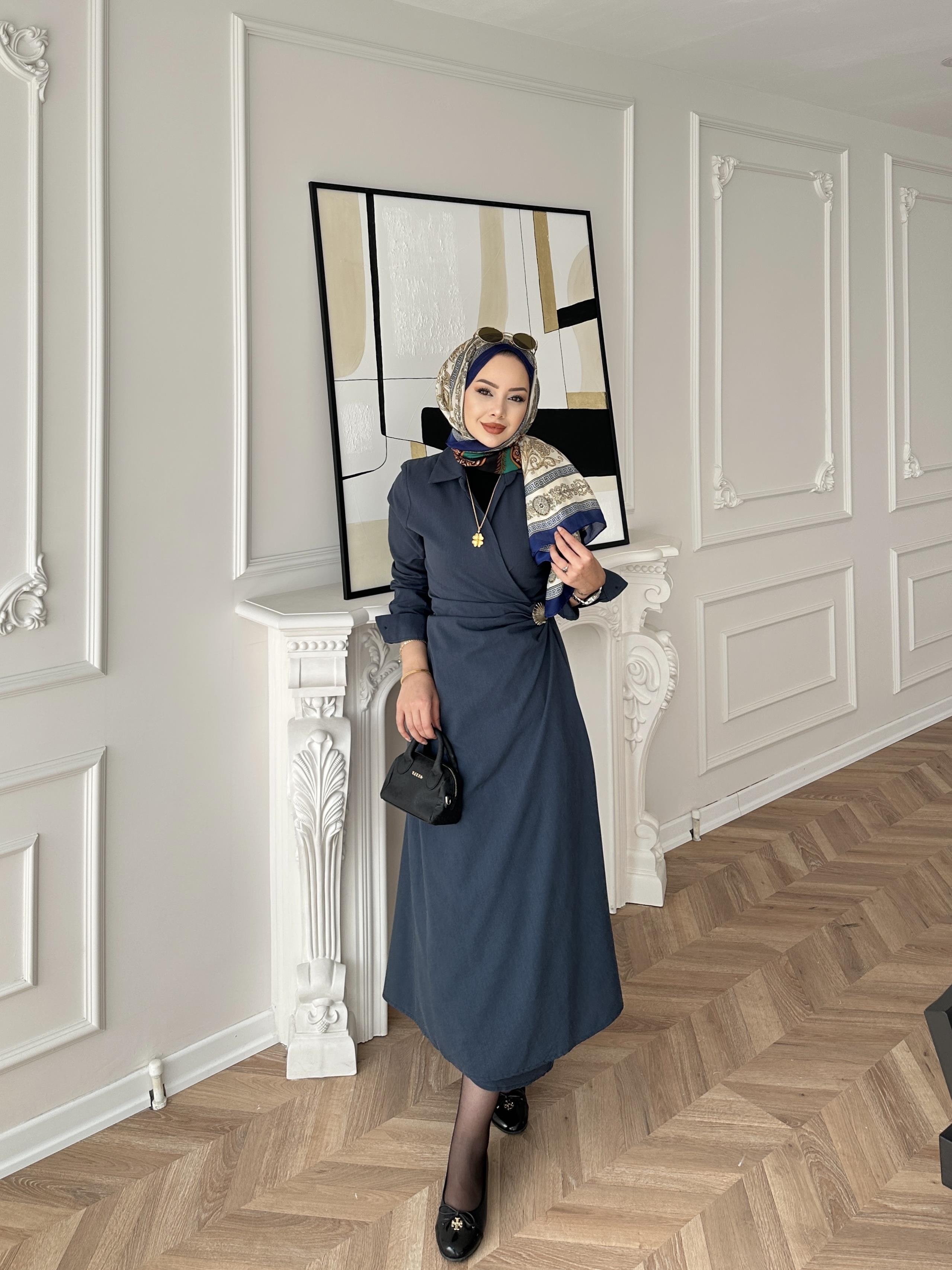 Kumsal Keten Elbise Lacivert