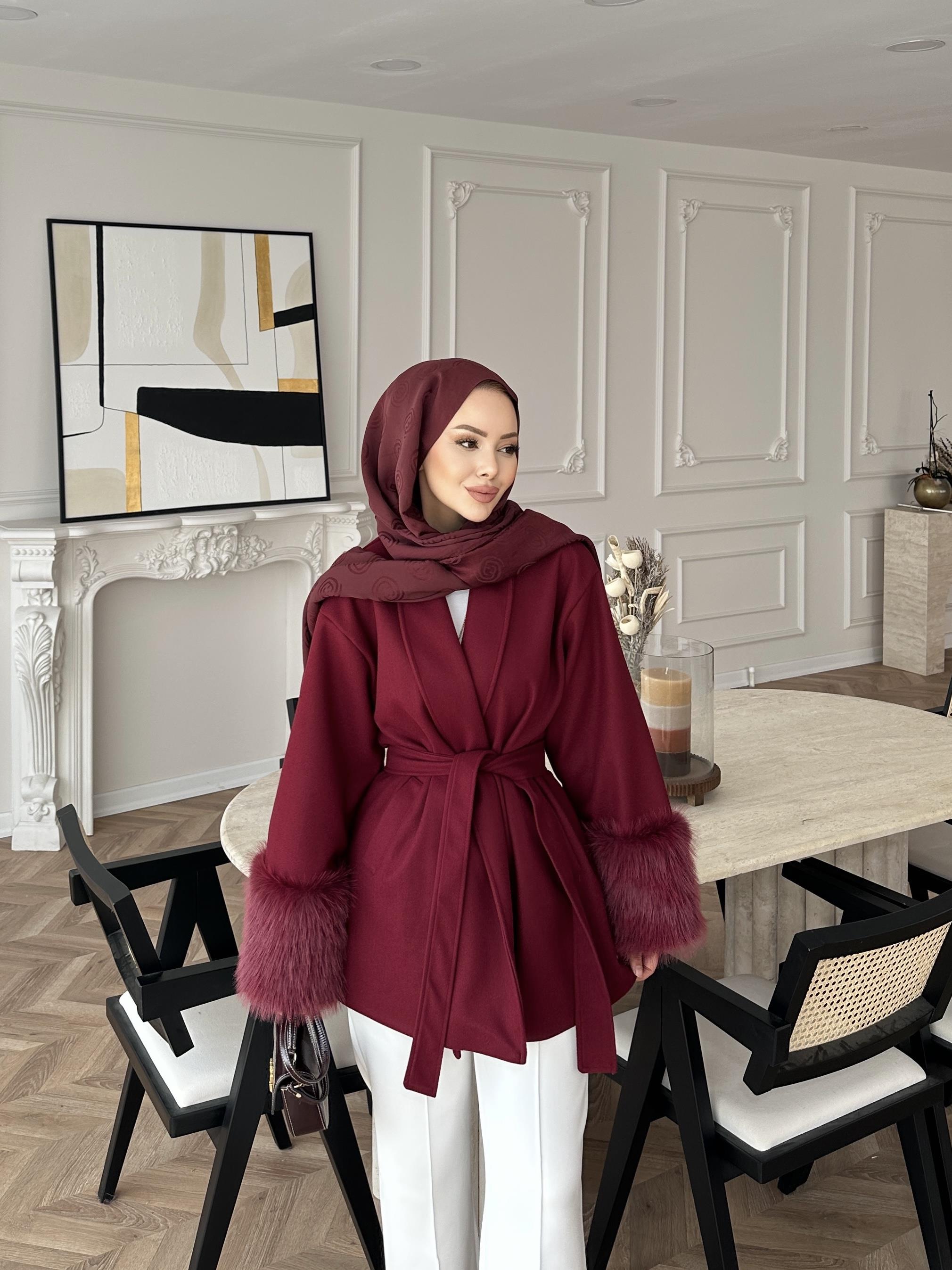 Kürk Kollu Kaşe Kaban Bordo