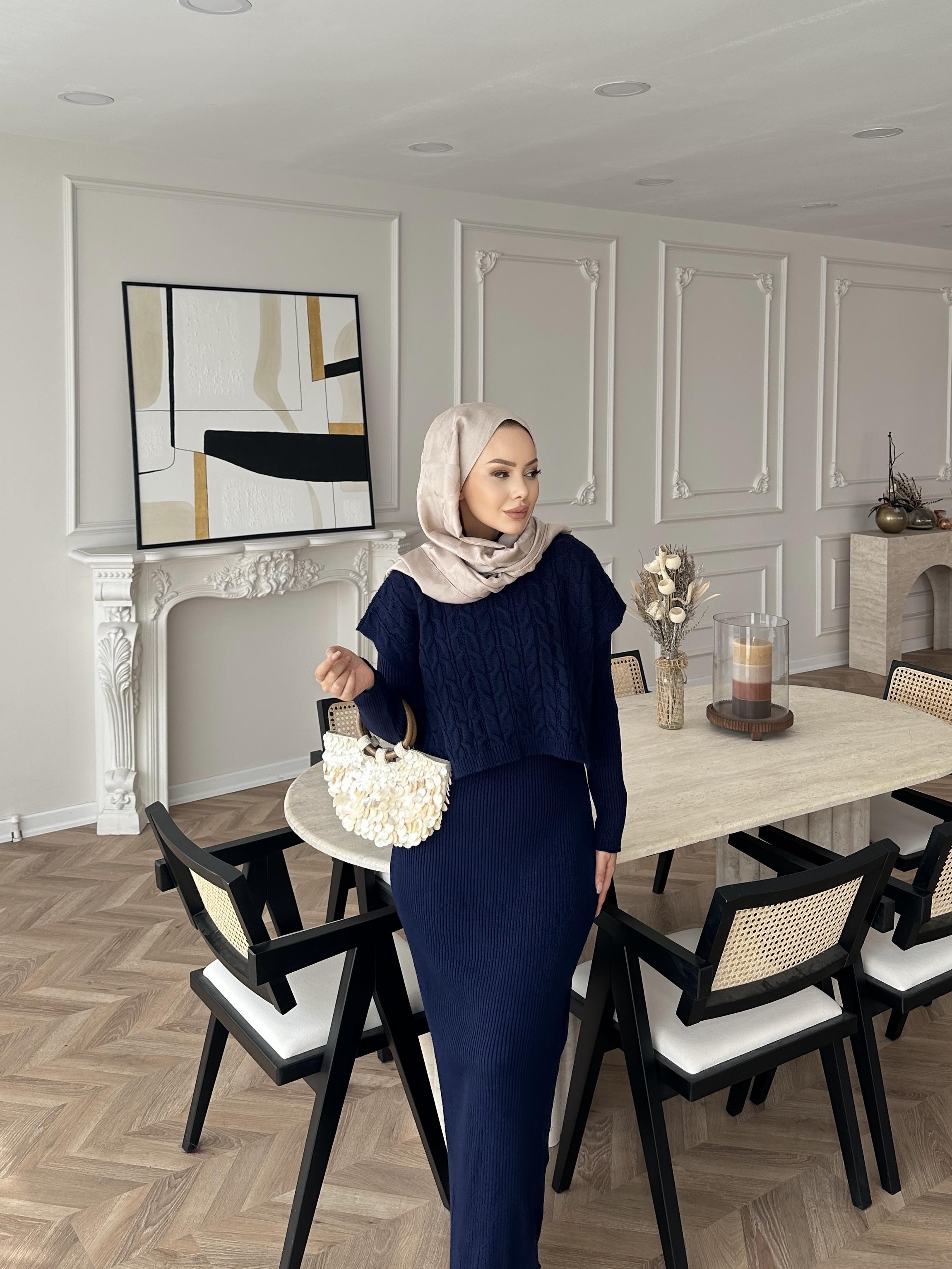 Lilyum Örgü Kapaklı Triko Elbise Lacivert