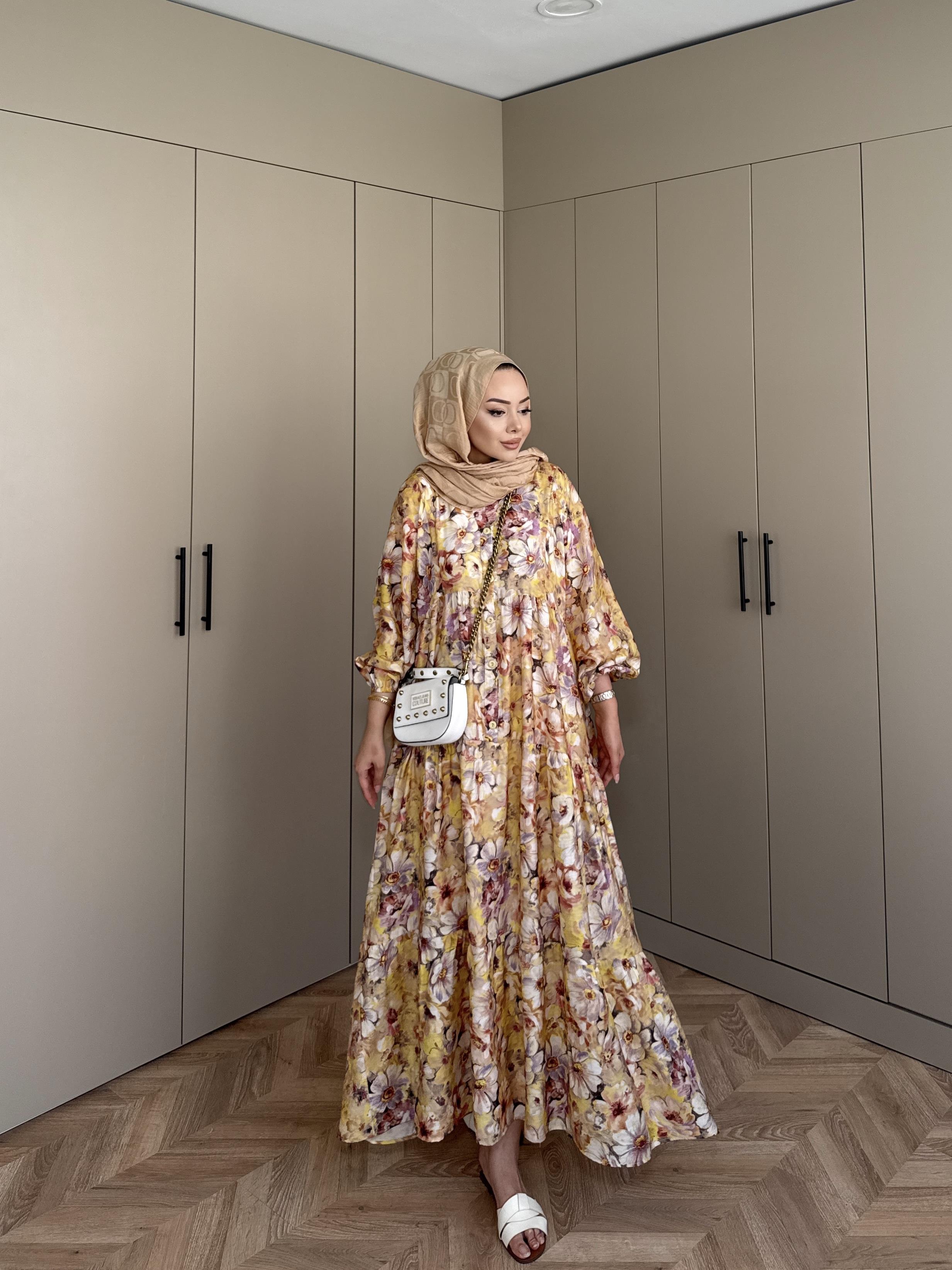 Orkide Pamuk Vual Elbise Sarı