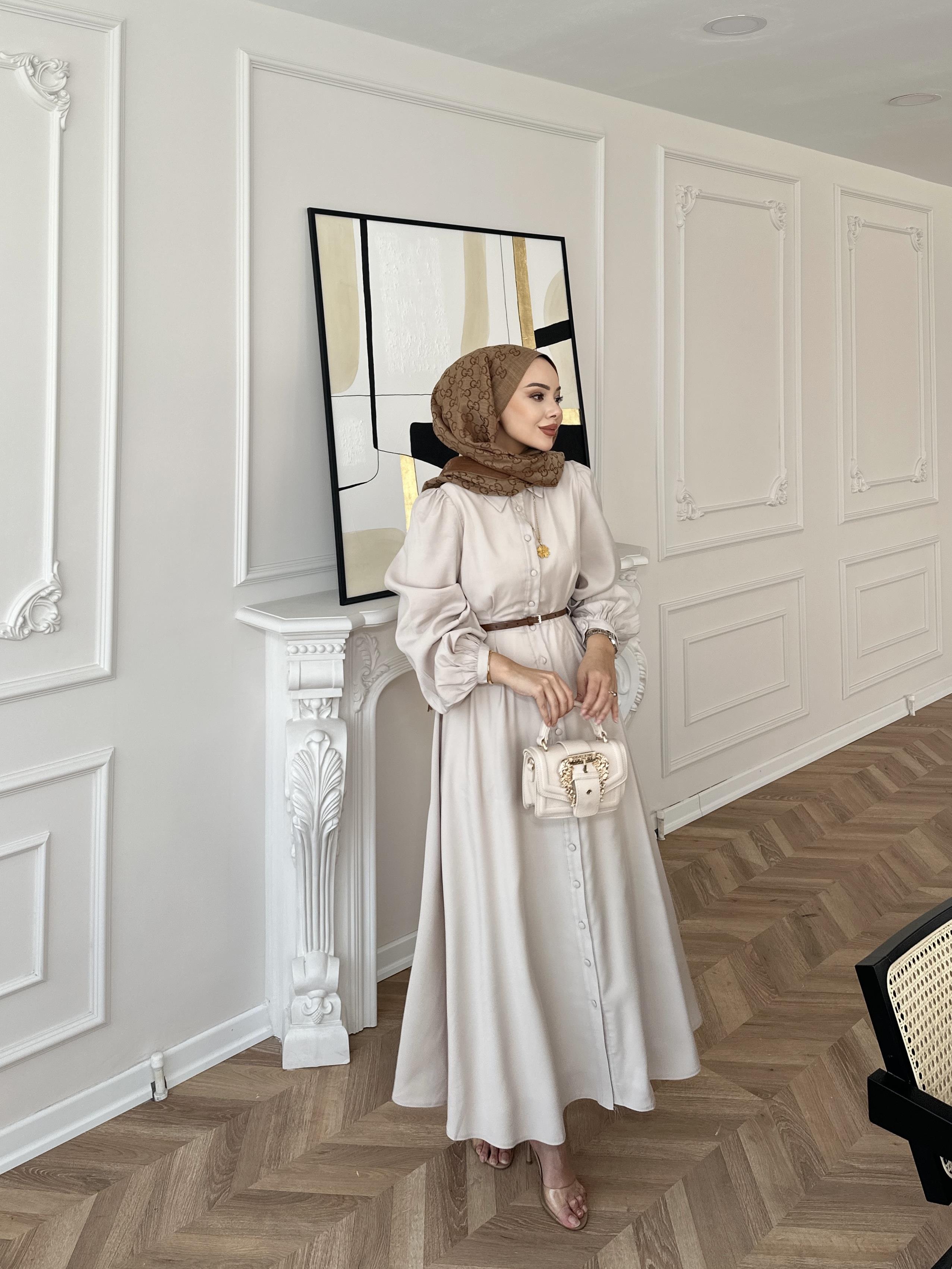 Perla Tensel Elbise Bej