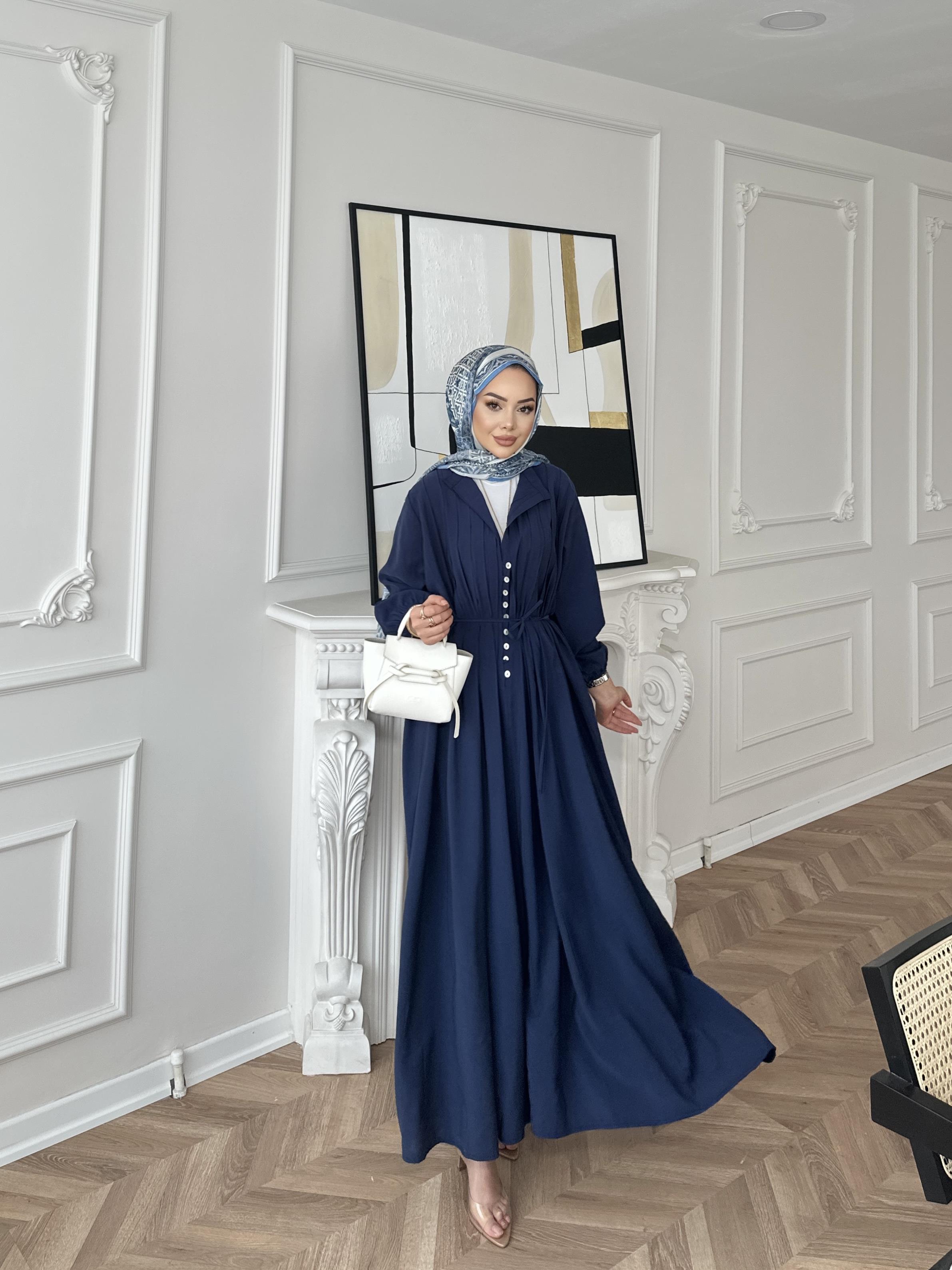 Retro Nervürlü Elbise Lacivert 