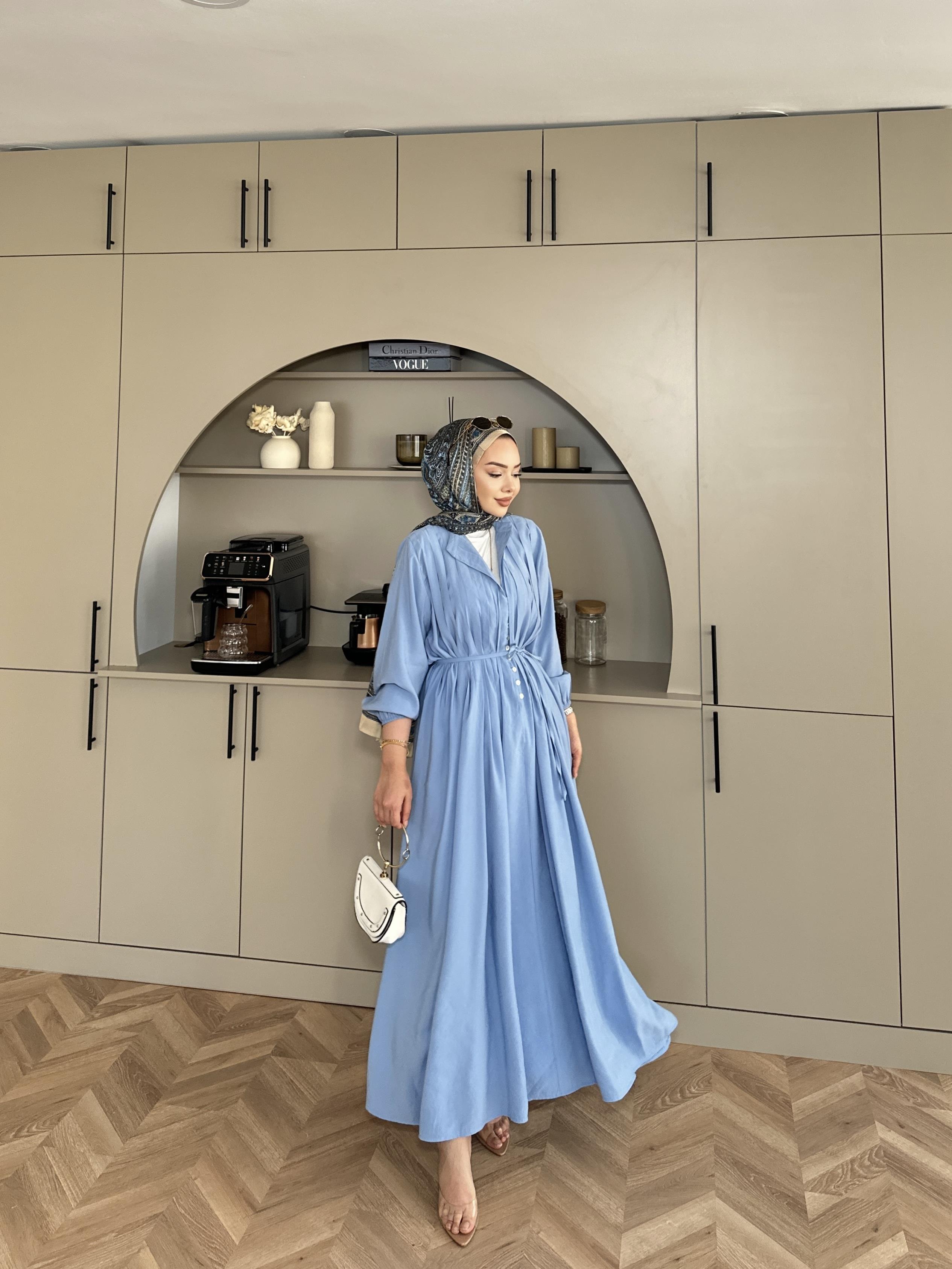 Retro Nervürlü Elbise Mavi