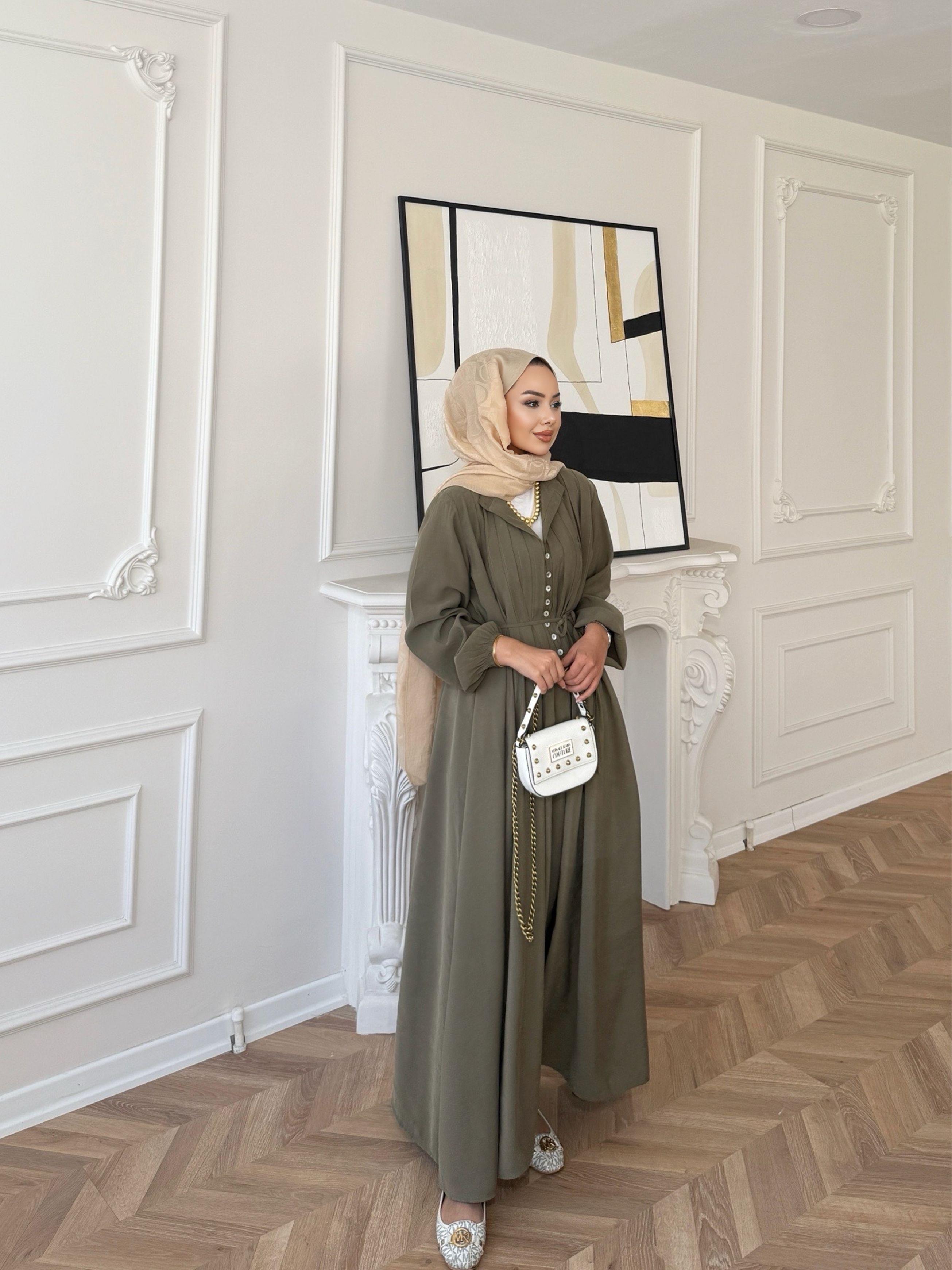 Retro Nervürlü Elbise Yağ Yeşili