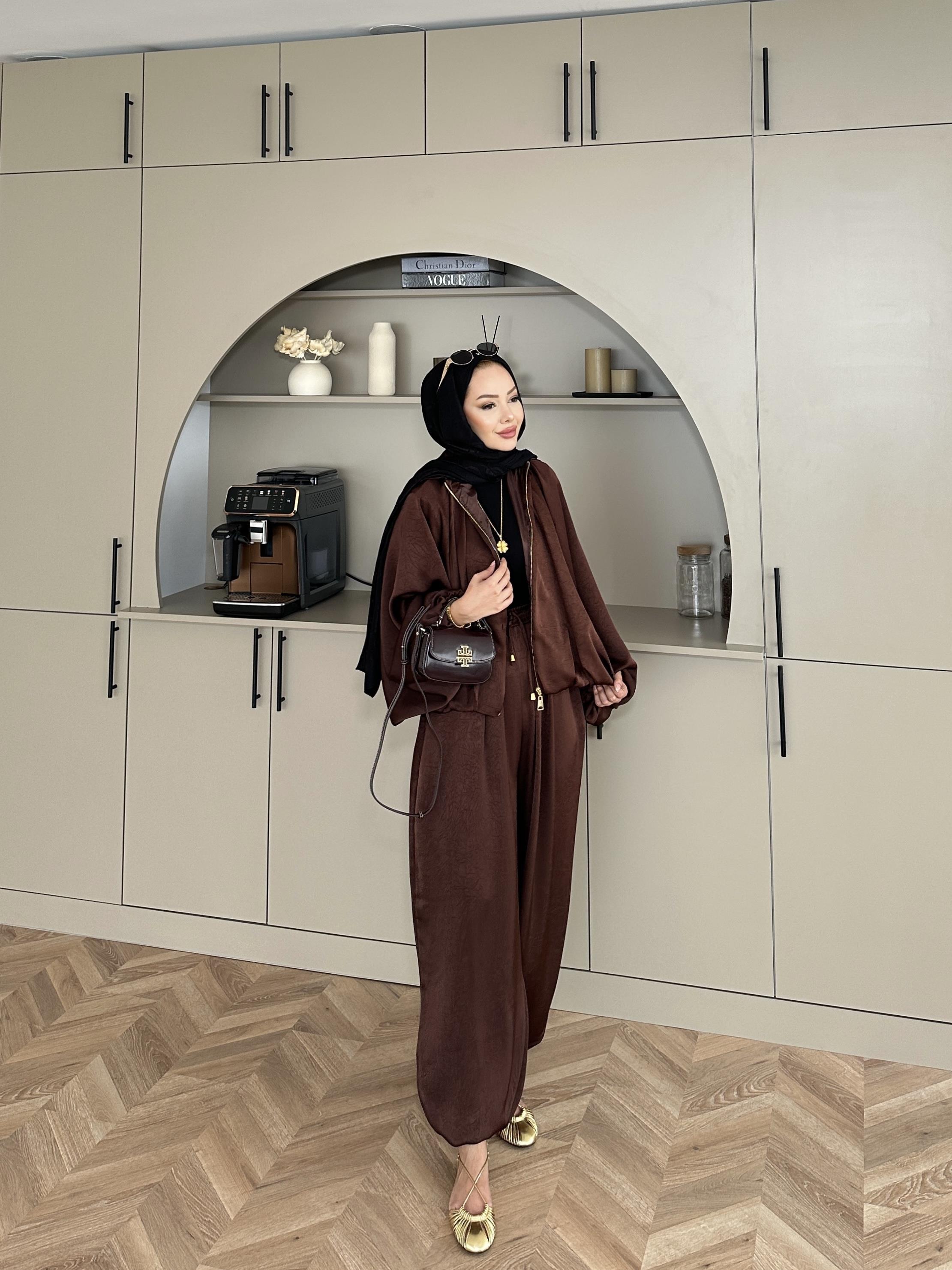 Saten Bomber Ceket Takım Acı Kahve