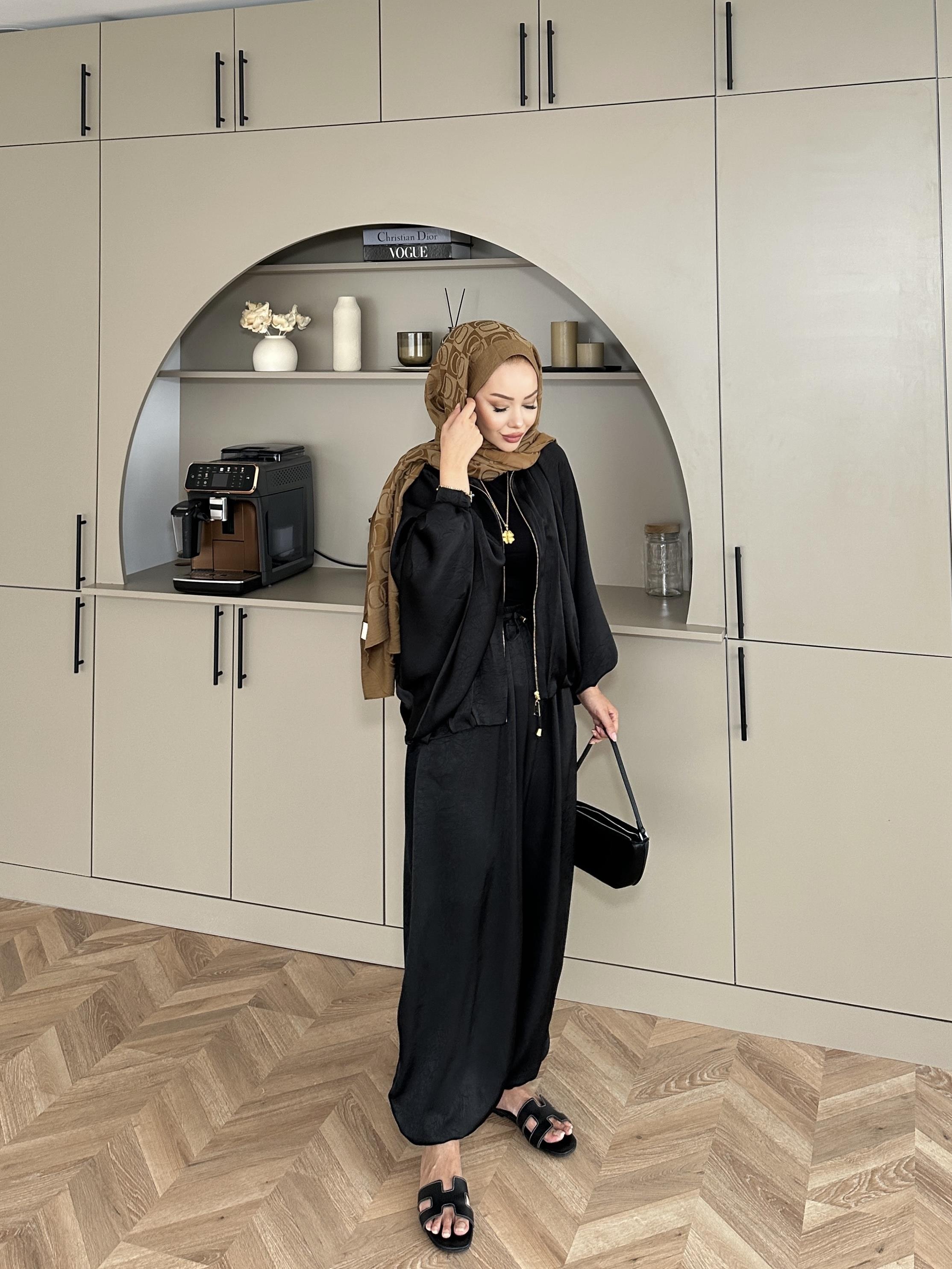 Saten Bomber Ceket Takım Siyah