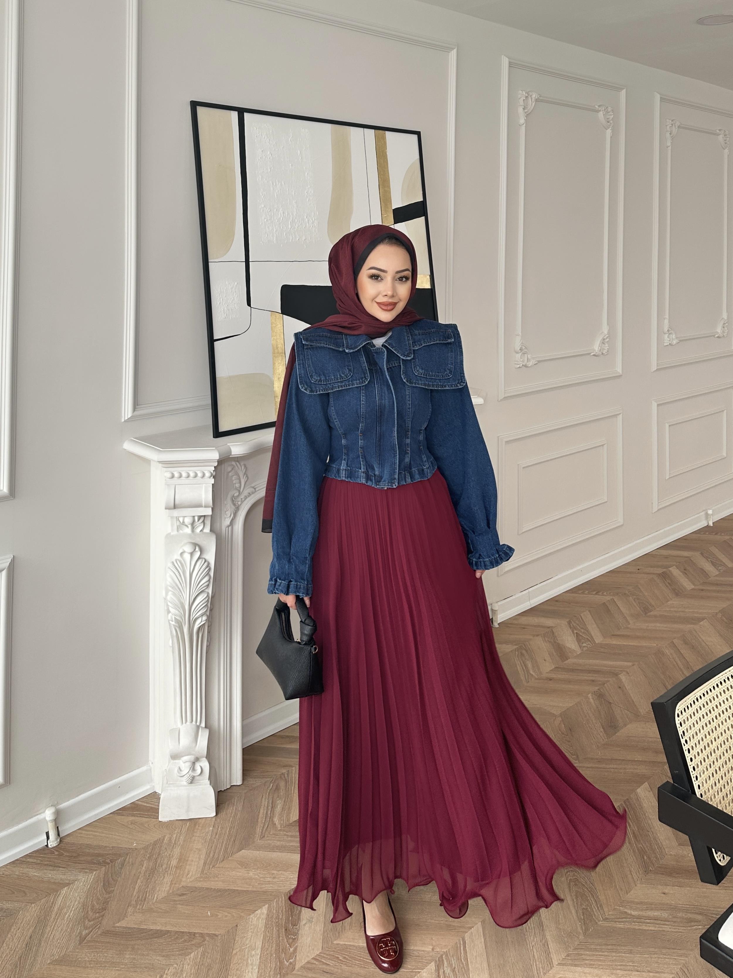 Şifon Piliseli Etek Bordo