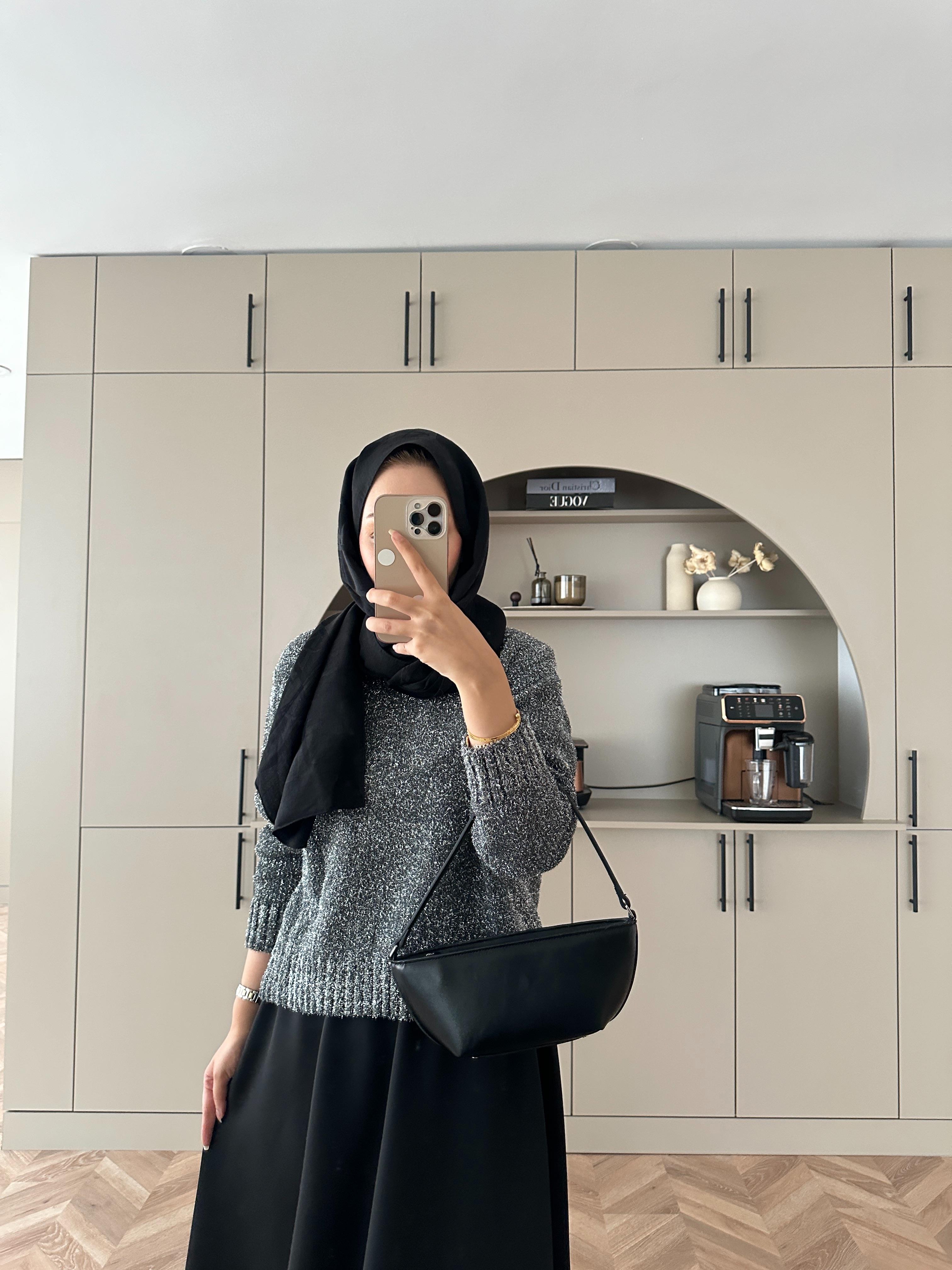 Simli Kısa Kazak Gri