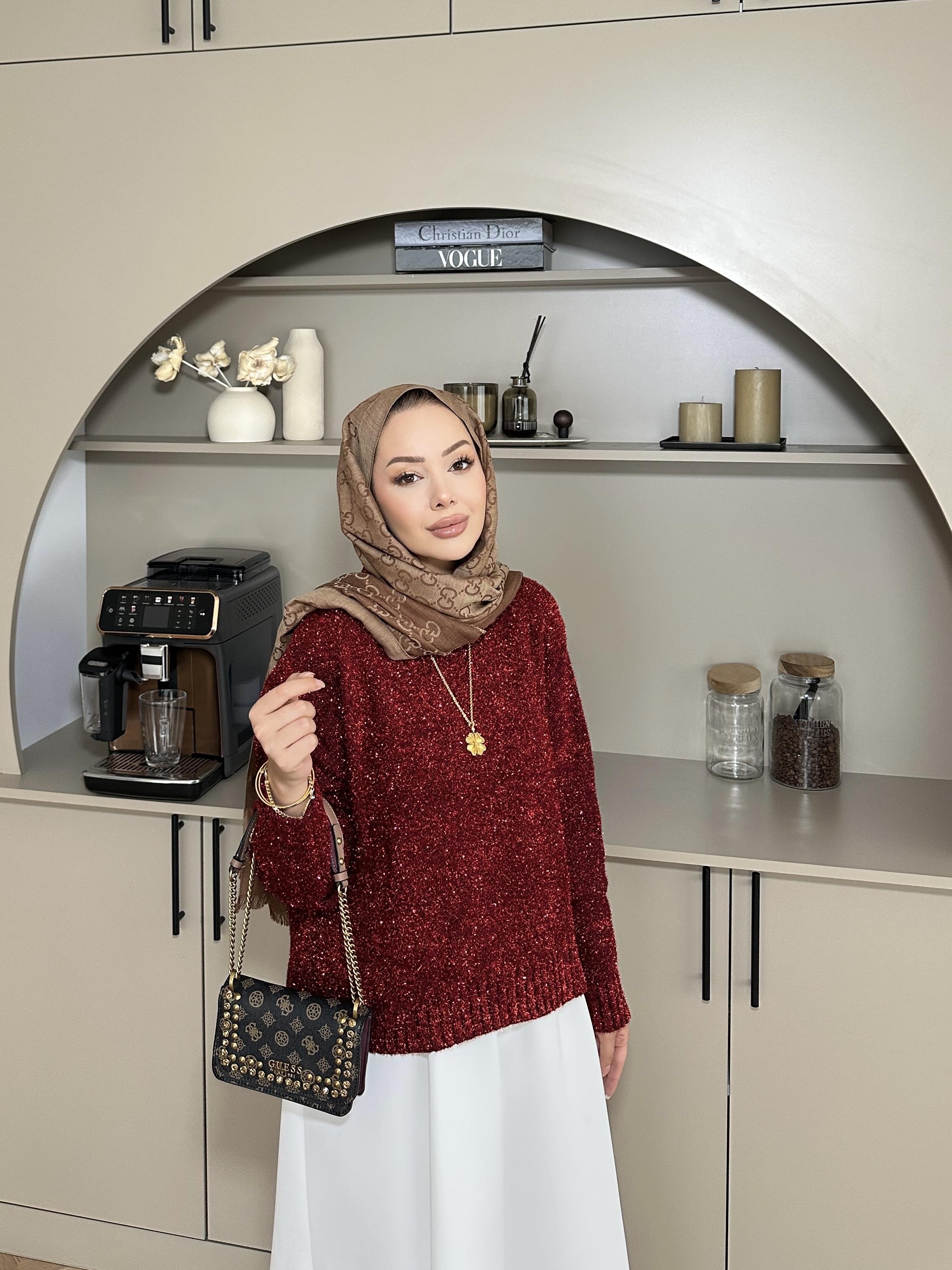 Simli Kısa Kazak Kırmızı