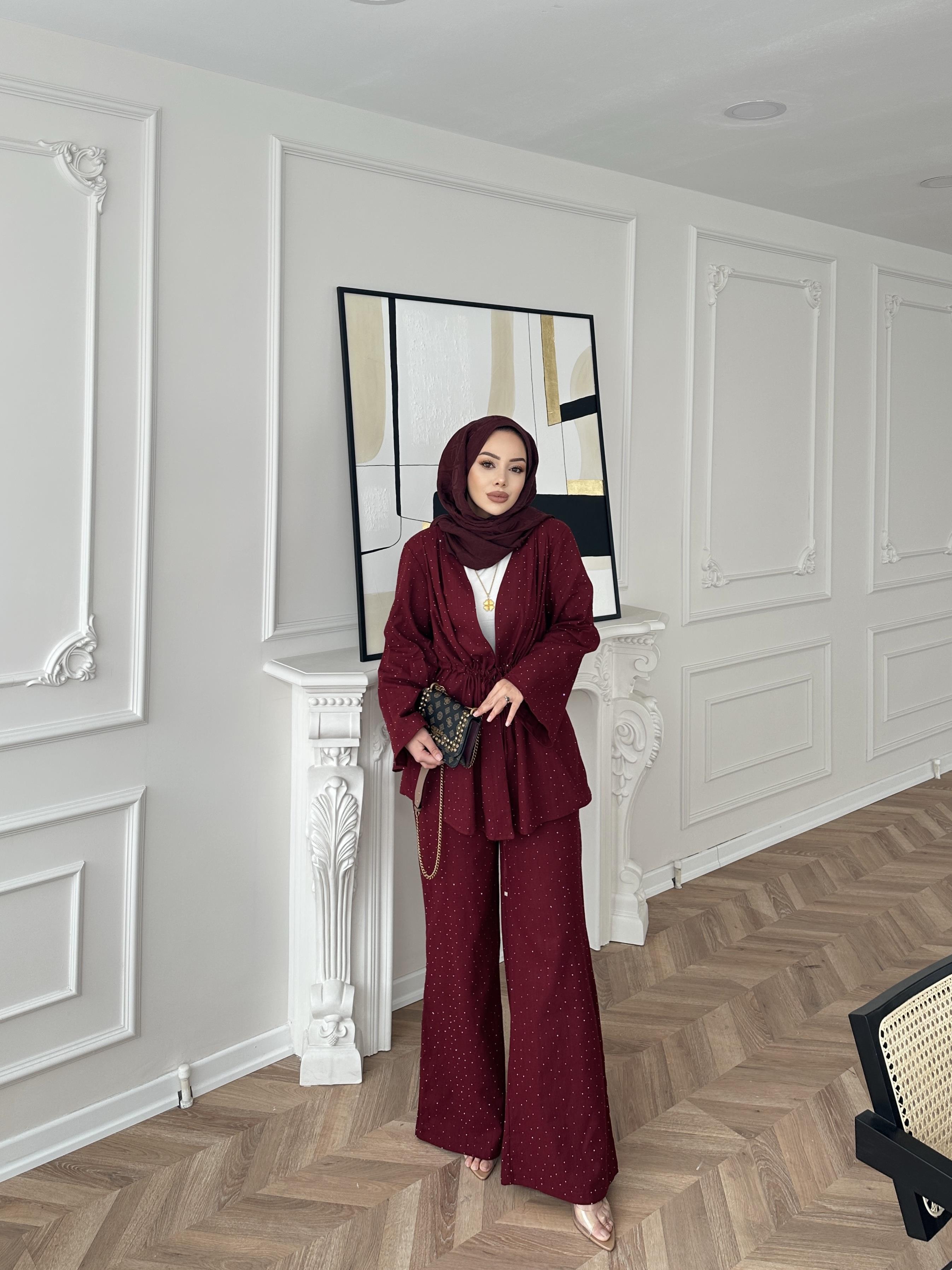 Taşlı Keten Takım Bordo